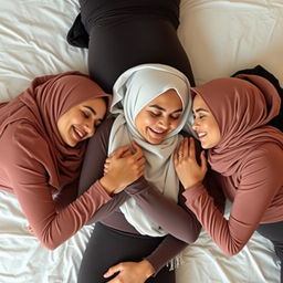 Three beautiful women wearing hijabs and tight Muslim attire lying on a bed, sharing an intimate moment with each other, creating a sense of closeness and affection