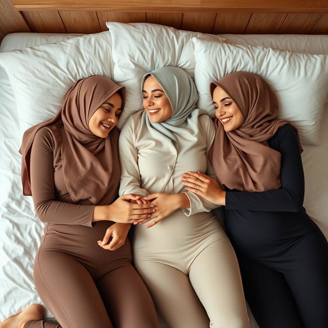 Three beautiful women wearing hijabs and tight Muslim attire lying on a bed, sharing an intimate moment with each other, creating a sense of closeness and affection