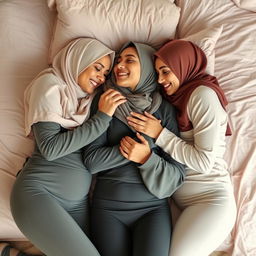 Three beautiful women wearing hijabs and tight Muslim attire lying on a bed, sharing an intimate moment with each other, creating a sense of closeness and affection