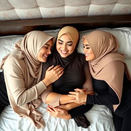 Three beautiful women wearing hijabs and tight Muslim attire lying on a bed, sharing an intimate moment with each other, creating a sense of closeness and affection