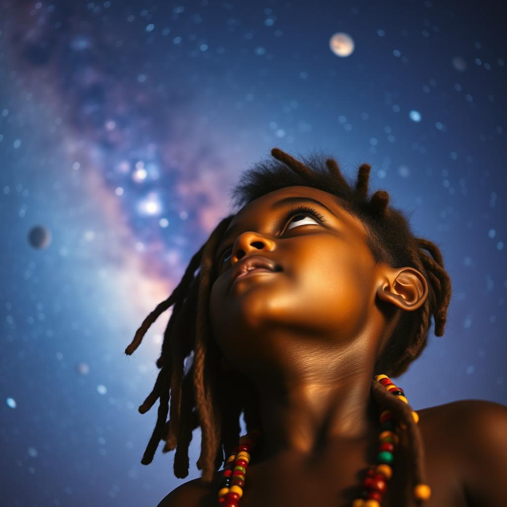 A serene and contemplative scene featuring a young Rastafarian boy, around 14 years old, gazing up at the night sky