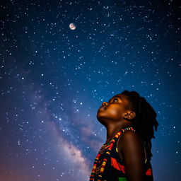 A serene and contemplative scene featuring a young Rastafarian boy, around 14 years old, gazing up at the night sky