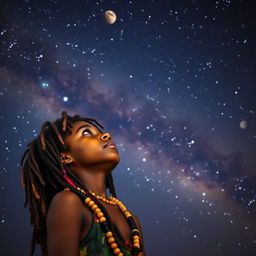 A serene and contemplative scene featuring a young Rastafarian boy, around 14 years old, gazing up at the night sky