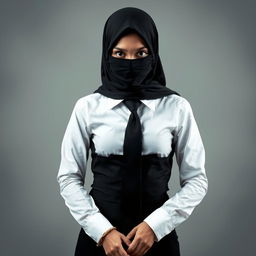 An enigmatic portrait of a girl dressed in a neat, long-sleeved white shirt complemented by a sleek black tie and a form-fitting black skirt