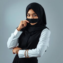 An enigmatic portrait of a girl dressed in a neat, long-sleeved white shirt complemented by a sleek black tie and a form-fitting black skirt