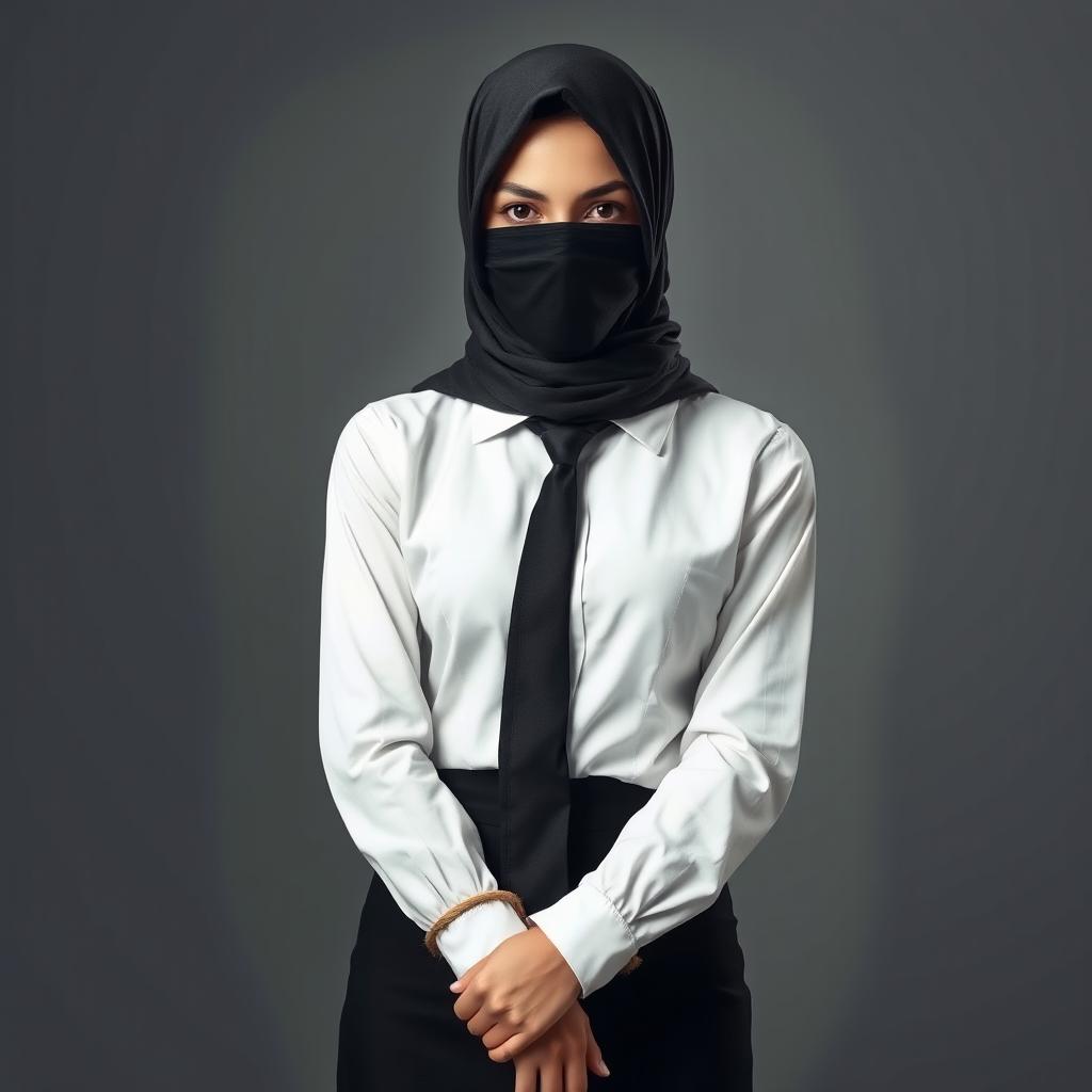 An enigmatic portrait of a girl dressed in a neat, long-sleeved white shirt complemented by a sleek black tie and a form-fitting black skirt