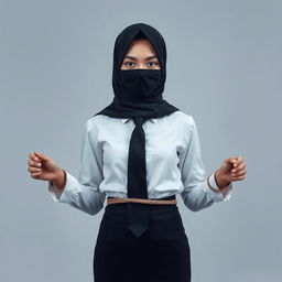 An enigmatic portrait of a girl dressed in a neat, long-sleeved white shirt complemented by a sleek black tie and a form-fitting black skirt