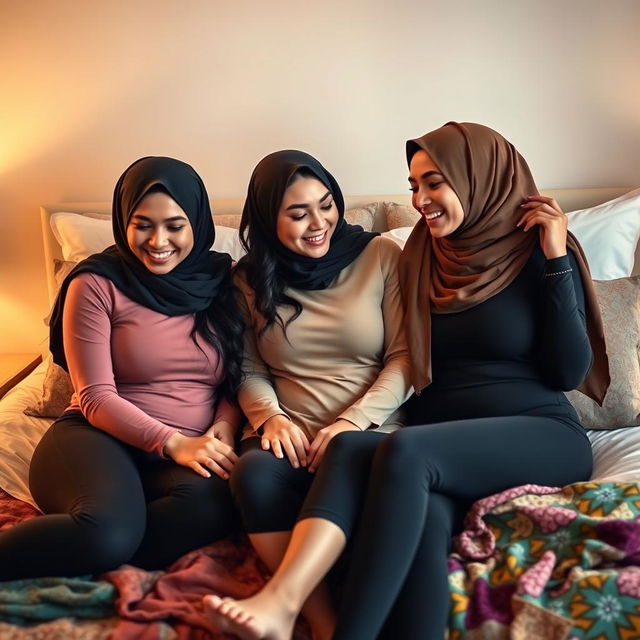 Three beautiful women wearing tight Muslimah clothing and hijabs, sitting on a bed in a cozy bedroom