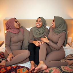 Three beautiful women wearing tight Muslimah clothing and hijabs, sitting on a bed in a cozy bedroom