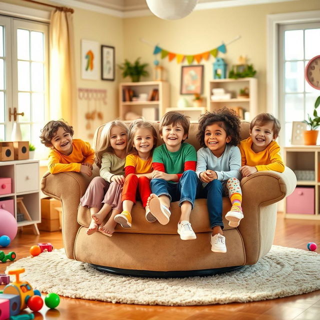 A cozy living room scene featuring a group of cheerful kids sitting on a large swivel chair, smiling and laughing together