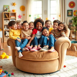 A cozy living room scene featuring a group of cheerful kids sitting on a large swivel chair, smiling and laughing together
