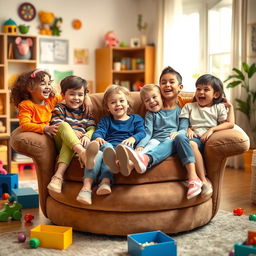 A cozy living room scene featuring a group of cheerful kids sitting on a large swivel chair, smiling and laughing together