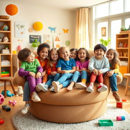 A cozy living room scene featuring a group of cheerful kids sitting on a large swivel chair, smiling and laughing together