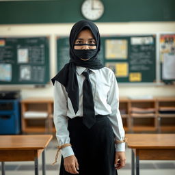 In a school setting, a girl stands against a backdrop of classroom elements, dressed in a crisp, long-sleeved white shirt paired with a neatly tied black tie and a form-fitting black skirt