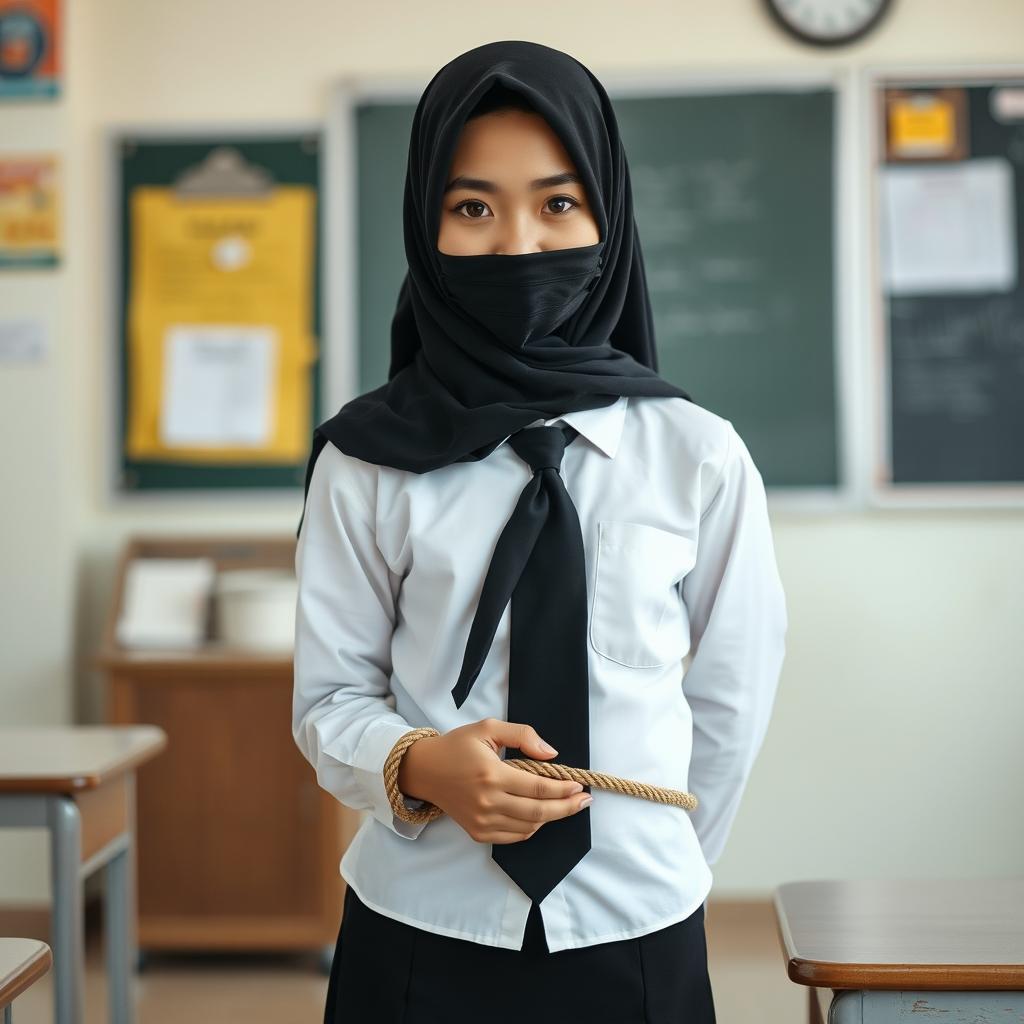 In a school setting, a girl stands against a backdrop of classroom elements, dressed in a crisp, long-sleeved white shirt paired with a neatly tied black tie and a form-fitting black skirt