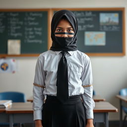 In a school setting, a girl stands against a backdrop of classroom elements, dressed in a crisp, long-sleeved white shirt paired with a neatly tied black tie and a form-fitting black skirt