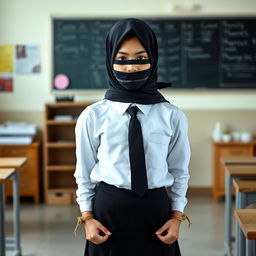 In a school setting, a girl stands against a backdrop of classroom elements, dressed in a crisp, long-sleeved white shirt paired with a neatly tied black tie and a form-fitting black skirt