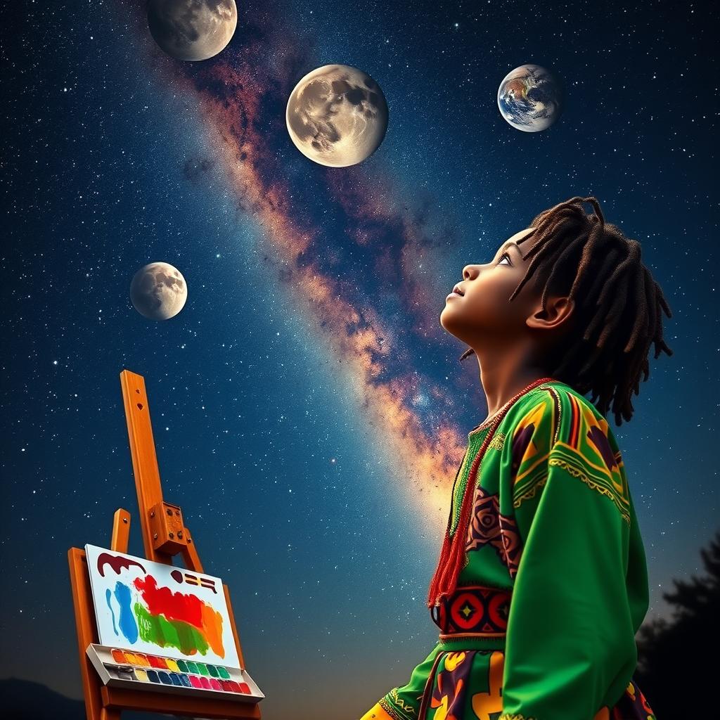 A young Rastafarian boy, around 14 years old, gazing up in wonder at the night sky filled with twinkling stars and a stunning view of the Milky Way
