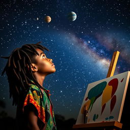 A young Rastafarian boy, around 14 years old, gazing up in wonder at the night sky filled with twinkling stars and a stunning view of the Milky Way