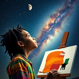 A young Rastafarian boy, around 14 years old, gazing up in wonder at the night sky filled with twinkling stars and a stunning view of the Milky Way