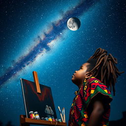 A young Rastafarian boy, around 14 years old, gazing up in wonder at the night sky filled with twinkling stars and a stunning view of the Milky Way