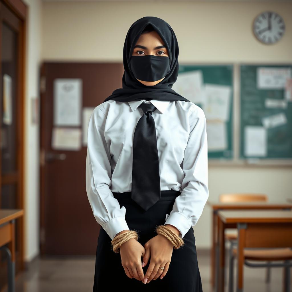 Inside a school environment, a girl stands poised against a backdrop of classroom features, dressed in a pristine, long-sleeved white shirt and a stylish black tie, complemented by a form-fitting black skirt