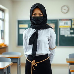 Inside a school environment, a girl stands poised against a backdrop of classroom features, dressed in a pristine, long-sleeved white shirt and a stylish black tie, complemented by a form-fitting black skirt