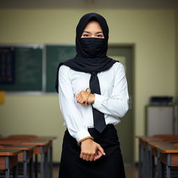 Inside a school environment, a girl stands poised against a backdrop of classroom features, dressed in a pristine, long-sleeved white shirt and a stylish black tie, complemented by a form-fitting black skirt