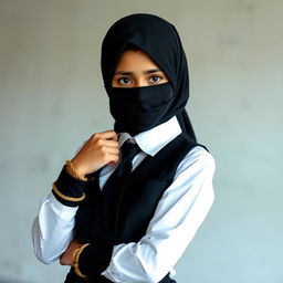 A striking image of a girl dressed in a crisp, long-sleeved white shirt with a sleek black tie, complemented by a stylish black vest