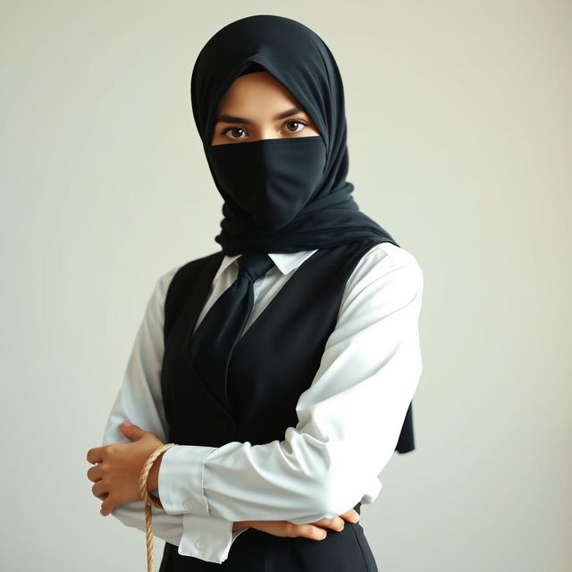 A striking image of a girl dressed in a crisp, long-sleeved white shirt with a sleek black tie, complemented by a stylish black vest