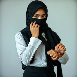 A striking image of a girl dressed in a crisp, long-sleeved white shirt with a sleek black tie, complemented by a stylish black vest