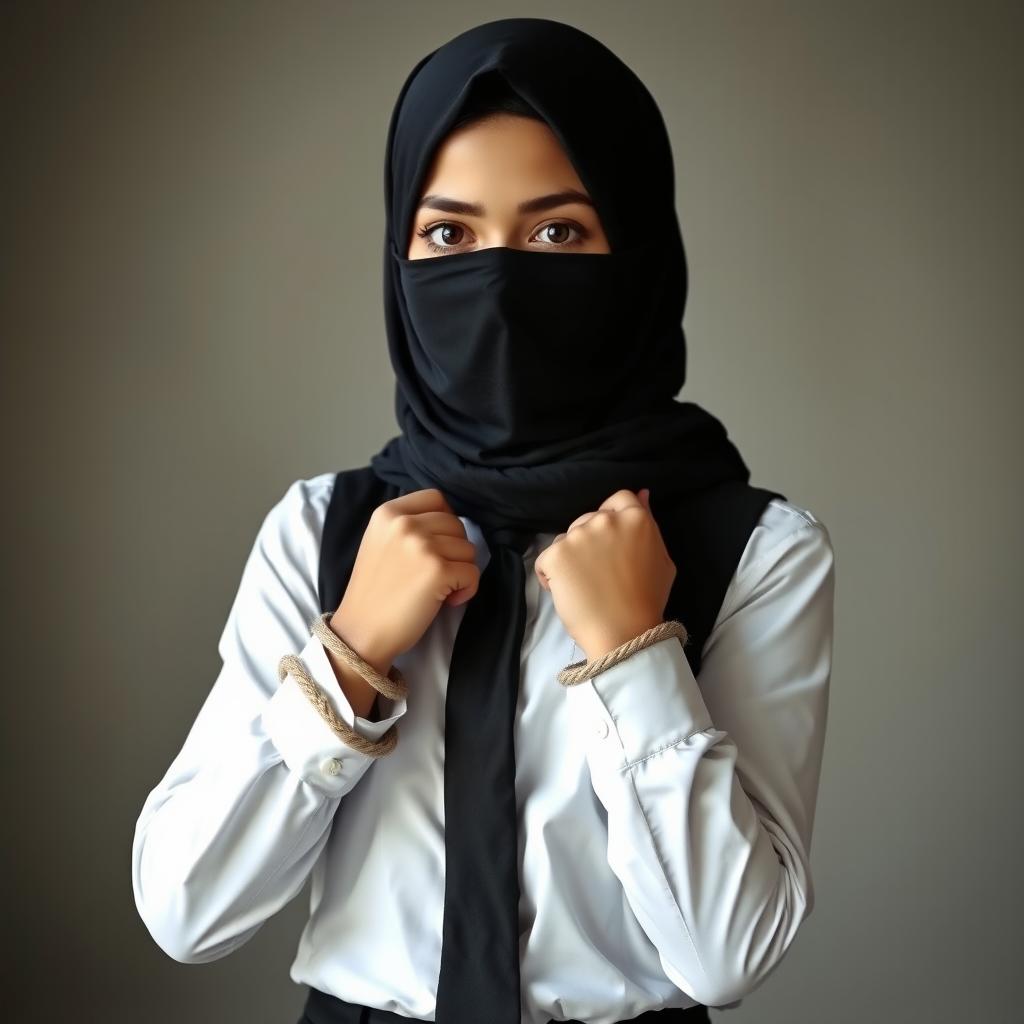 A striking image of a girl dressed in a crisp, long-sleeved white shirt with a sleek black tie, complemented by a stylish black vest