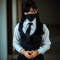 A compelling portrait of a girl dressed in a neat, long-sleeved white shirt accentuated by a sharp black tie and a stylish black vest