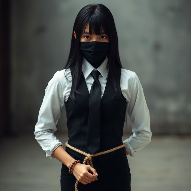 A compelling portrait of a girl dressed in a neat, long-sleeved white shirt accentuated by a sharp black tie and a stylish black vest