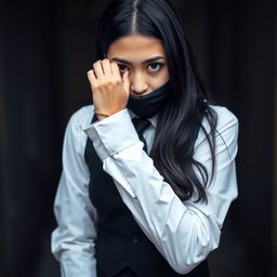 A compelling portrait of a girl dressed in a neat, long-sleeved white shirt accentuated by a sharp black tie and a stylish black vest