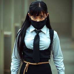 A compelling portrait of a girl dressed in a neat, long-sleeved white shirt accentuated by a sharp black tie and a stylish black vest