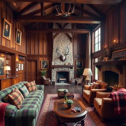 A beautifully designed Scottish style reception interior showcasing traditional elements such as deep wooden beams, tartan patterns on sofas and cushions, and a cozy stone fireplace