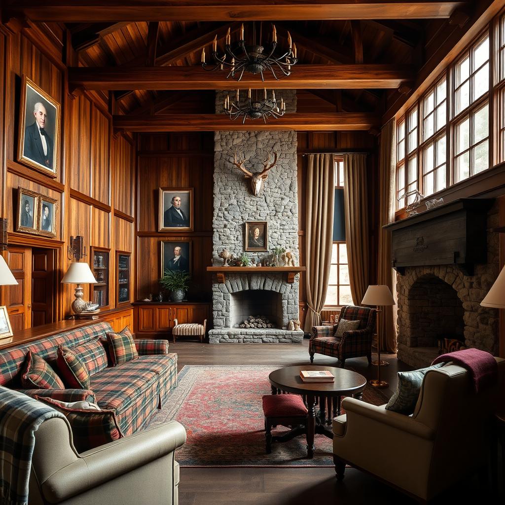 A beautifully designed Scottish style reception interior showcasing traditional elements such as deep wooden beams, tartan patterns on sofas and cushions, and a cozy stone fireplace