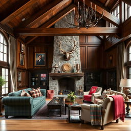 A beautifully designed Scottish style reception interior showcasing traditional elements such as deep wooden beams, tartan patterns on sofas and cushions, and a cozy stone fireplace