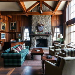 A beautifully designed Scottish style reception interior showcasing traditional elements such as deep wooden beams, tartan patterns on sofas and cushions, and a cozy stone fireplace