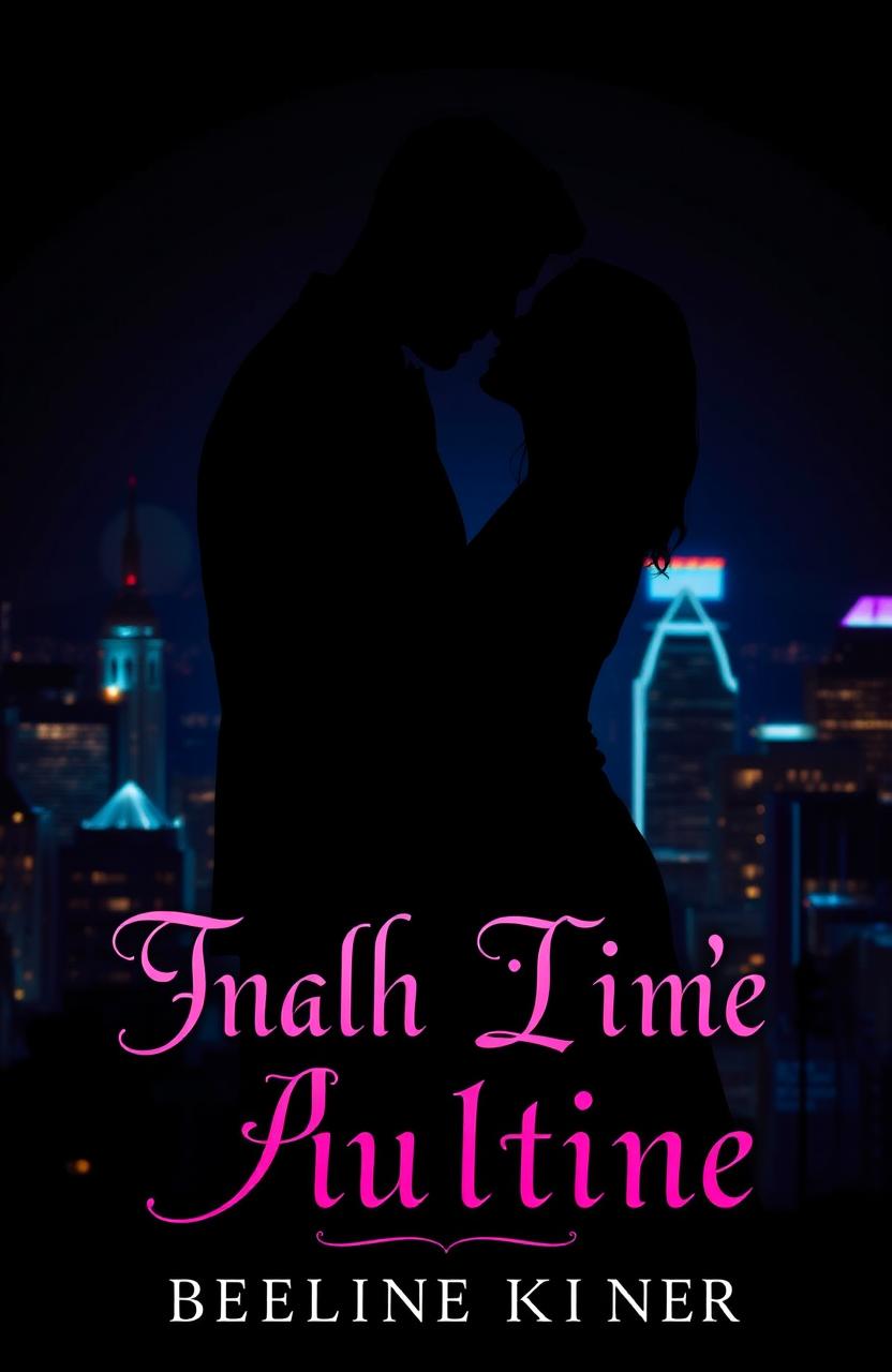 A silhouette of a man and woman embracing in a dark cityscape, illuminated by dramatic city lights in the background