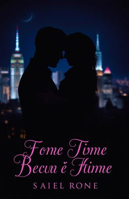 A silhouette of a man and woman embracing in a dark cityscape, illuminated by dramatic city lights in the background