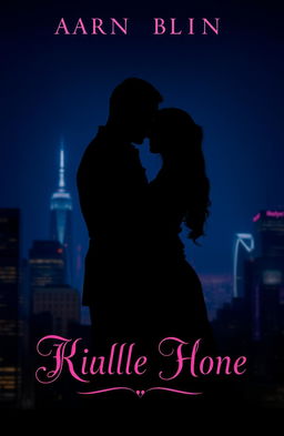 A silhouette of a man and woman embracing in a dark cityscape, illuminated by dramatic city lights in the background