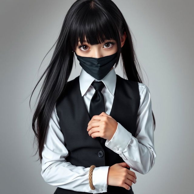 A captivating image of a girl wearing a neat, long-sleeved white shirt paired with a sharp black tie and a stylish black vest