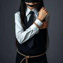 A captivating image of a girl wearing a neat, long-sleeved white shirt paired with a sharp black tie and a stylish black vest