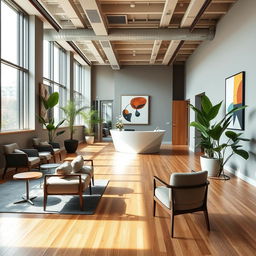 A sleek and modern reception interior design, showcasing minimalist furniture and decor elements