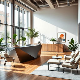 A sleek and modern reception interior design, showcasing minimalist furniture and decor elements