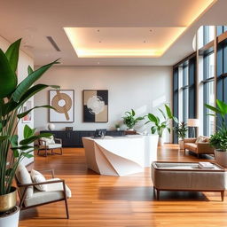 A sleek and modern reception interior design, showcasing minimalist furniture and decor elements