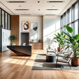 A sleek and modern reception interior design, showcasing minimalist furniture and decor elements