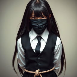 An evocative image of a girl wearing a neatly tailored, long-sleeved white shirt with a sharp black tie and a stylish black vest